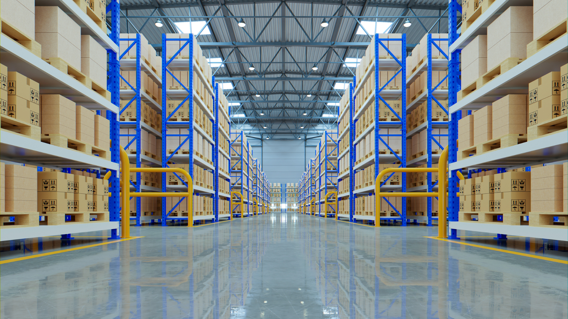Aisle in a modern warehouse with tall blue racks, stacked boxes, and a polished reflective floor.