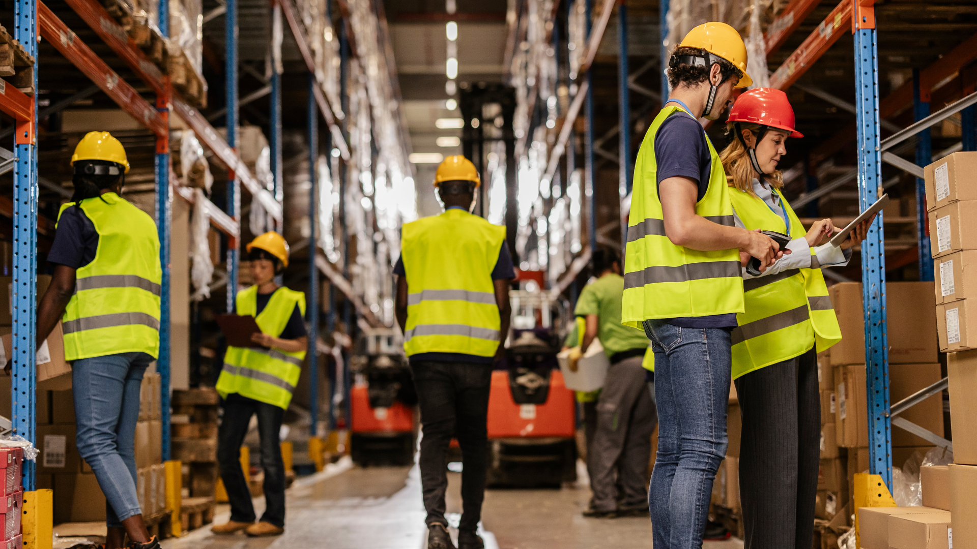 Workers in yellow safety vests and hard hats standing in a warehouse aisle with forklifts and shelving