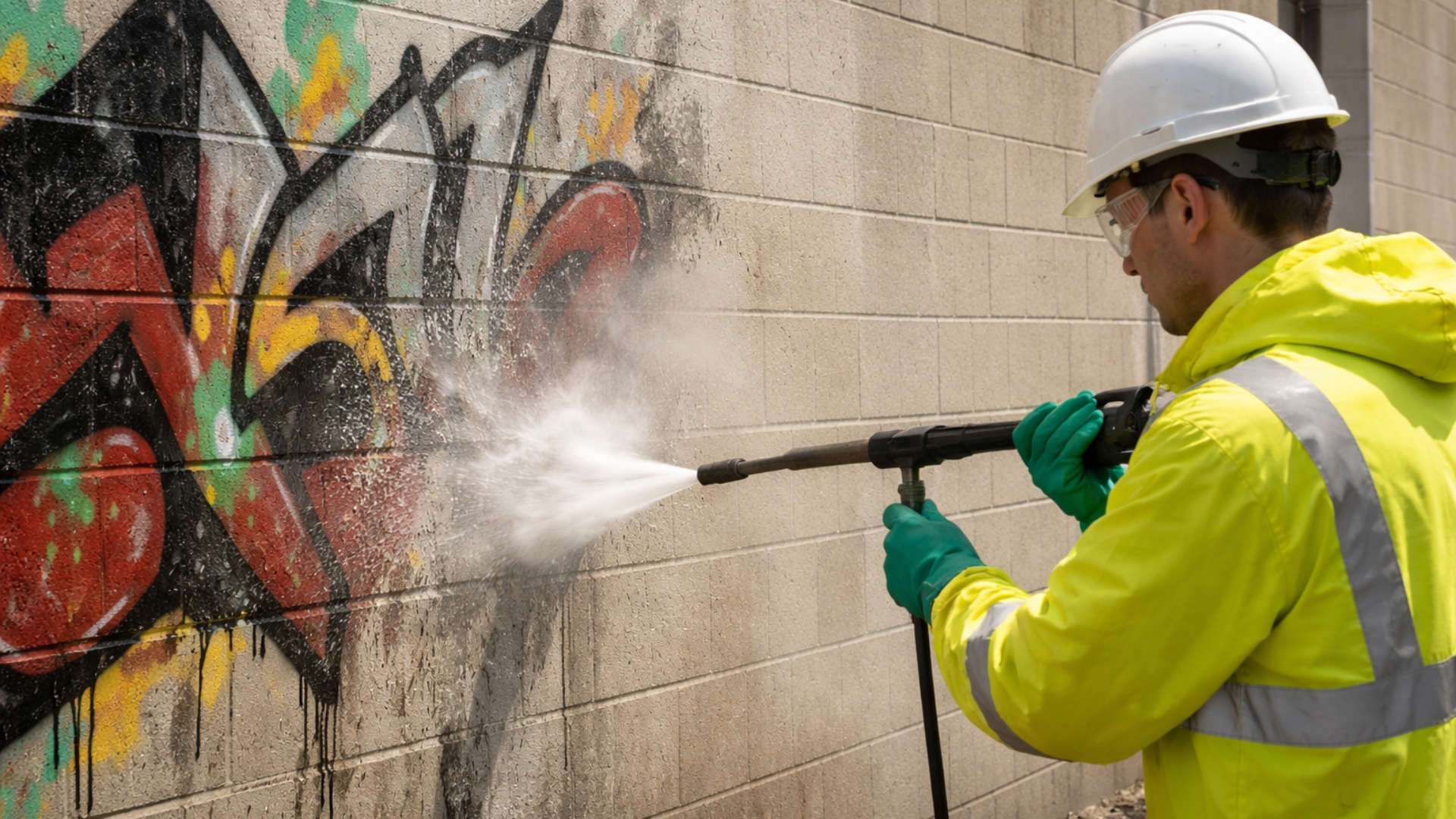 Worker in hard hat pressure-washing graffiti off a brick wall