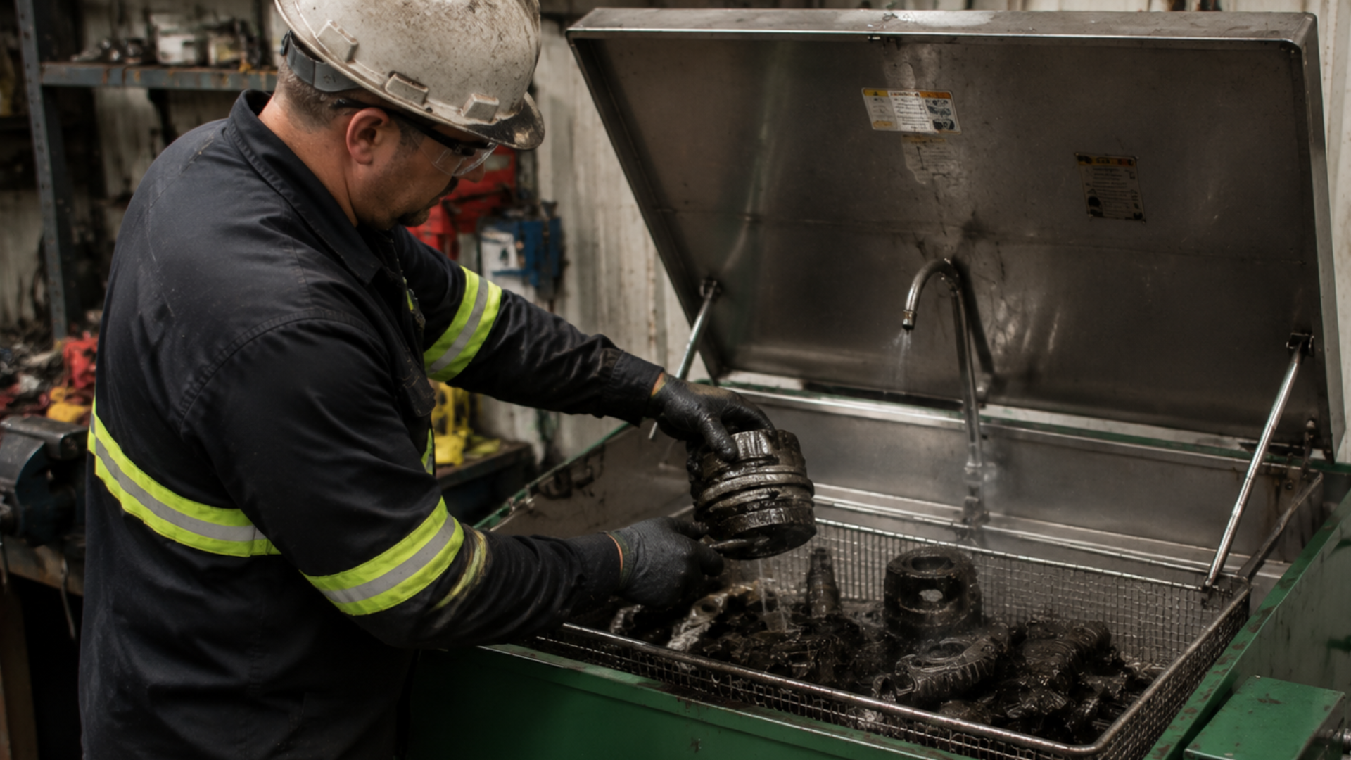Worker in reflective gear cleaning greasy parts in an open industrial washing tank.