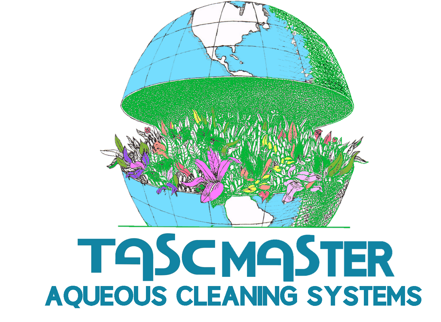 TascMaster Aqueous Cleaning Systems logo with globe and green grass, flowers, and water spray