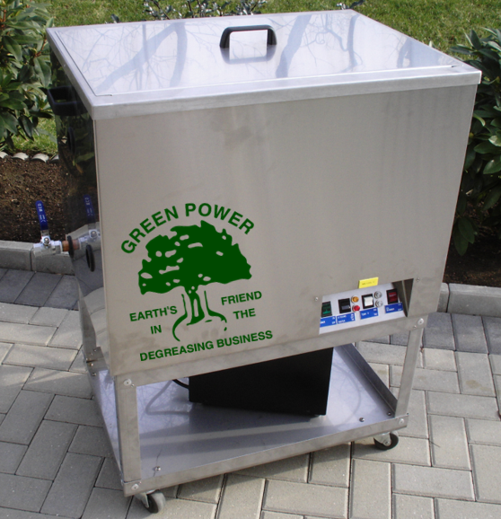 White metal bin labeled “Green Power” with a tree logo, sitting on a wheeled base outdoors.