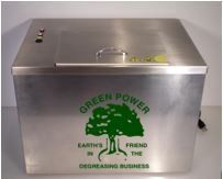 Stainless steel degreasing machine with green tree logo and “Green Power” text on the front