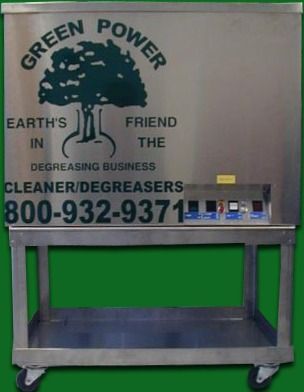 Green Power cleaner/degreasers vending machine on wheels, gray with green panel and logo text.