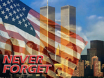American flag overlaying the Twin Towers and Manhattan skyline with “NEVER FORGET” text