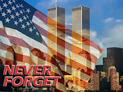 American flag overlaying the Twin Towers and Manhattan skyline with “NEVER FORGET” text