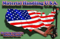 Material Handling U.S.A. logo with an American flag draped over a hand truck