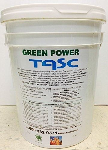 White bucket labeled “GREEN POWER TASC” with green and blue text and product details.