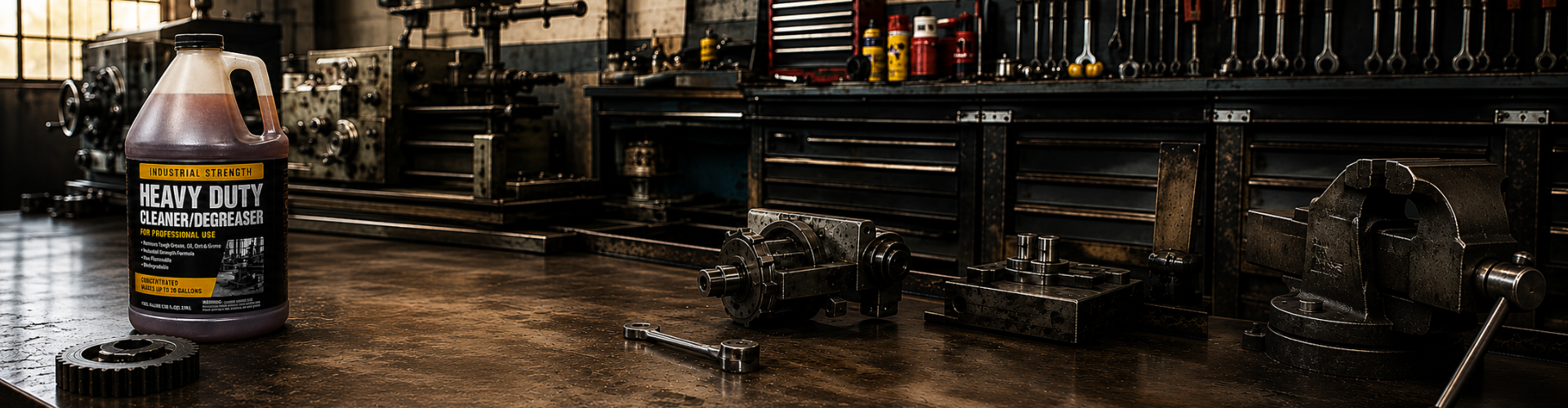 Heavy-duty cleaner/degreaser jug on a greasy workshop bench with tools and gears