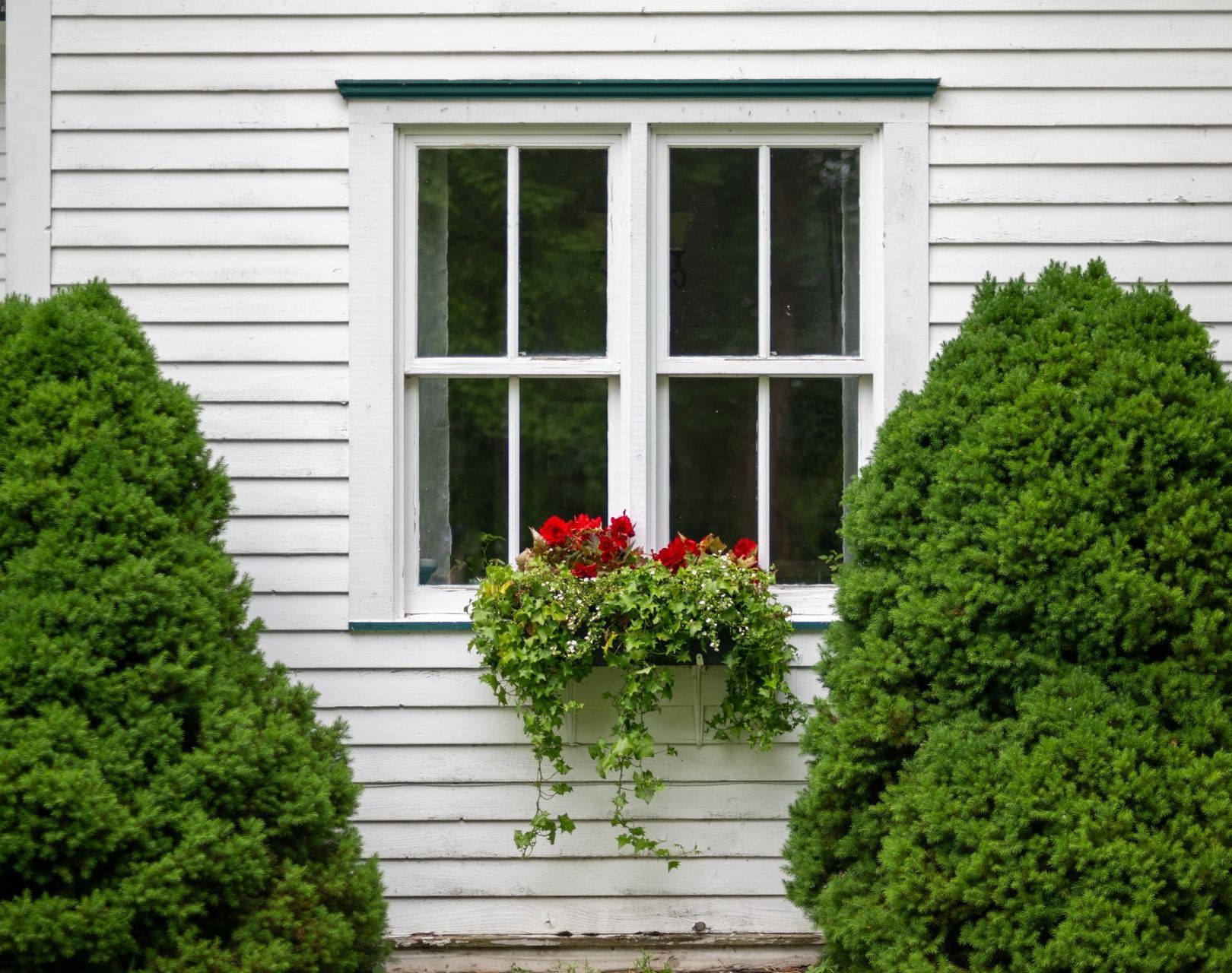 A white house with a window with red flowers in it