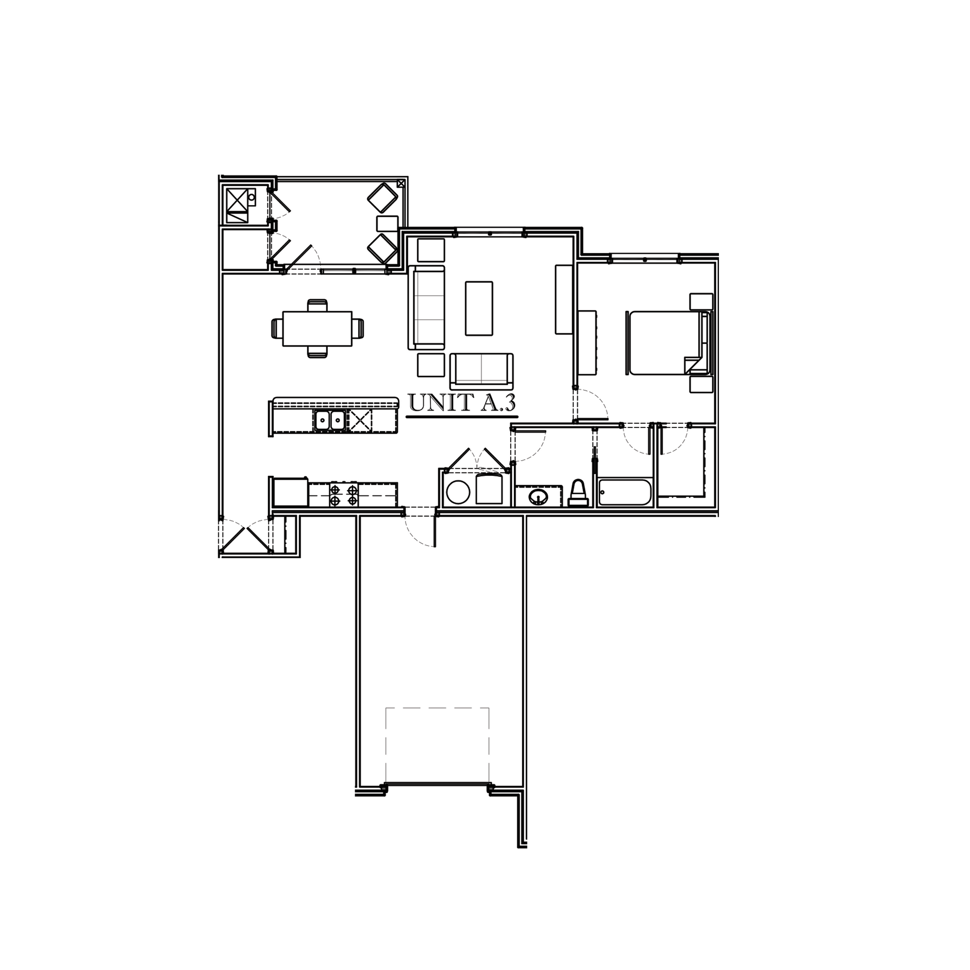 Floor plan of Unit A, featuring a kitchen, living area, bedroom, bathroom, and outdoor space.