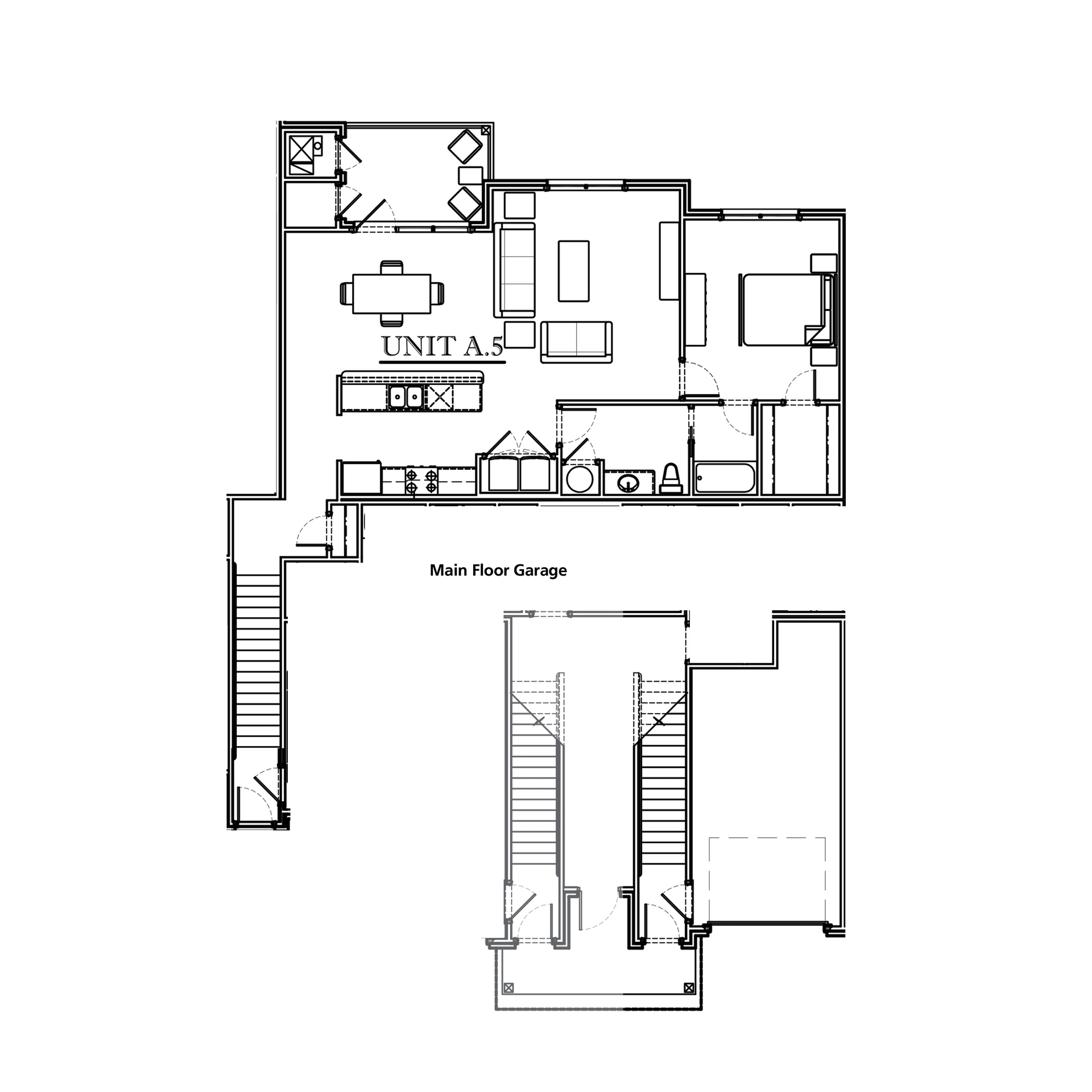 Floor plan of a unit with living spaces, a bedroom, and stairs.