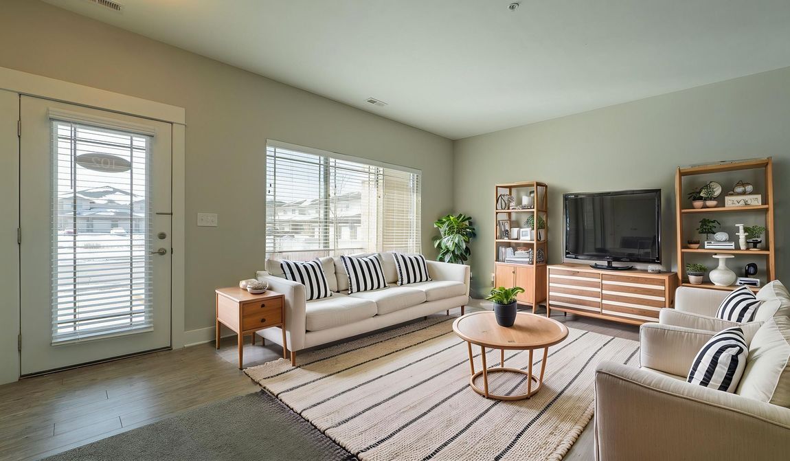 Living room with white sofa, striped pillows, coffee table, TV, and open door.