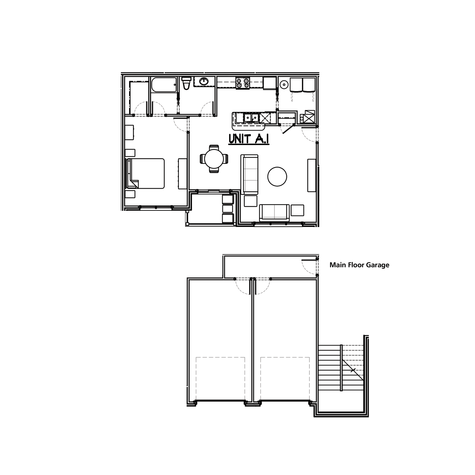 Floor plan of apartment Unit A, including living spaces, kitchen, bedroom, and bathroom. Below, a Main Floor stair plan.