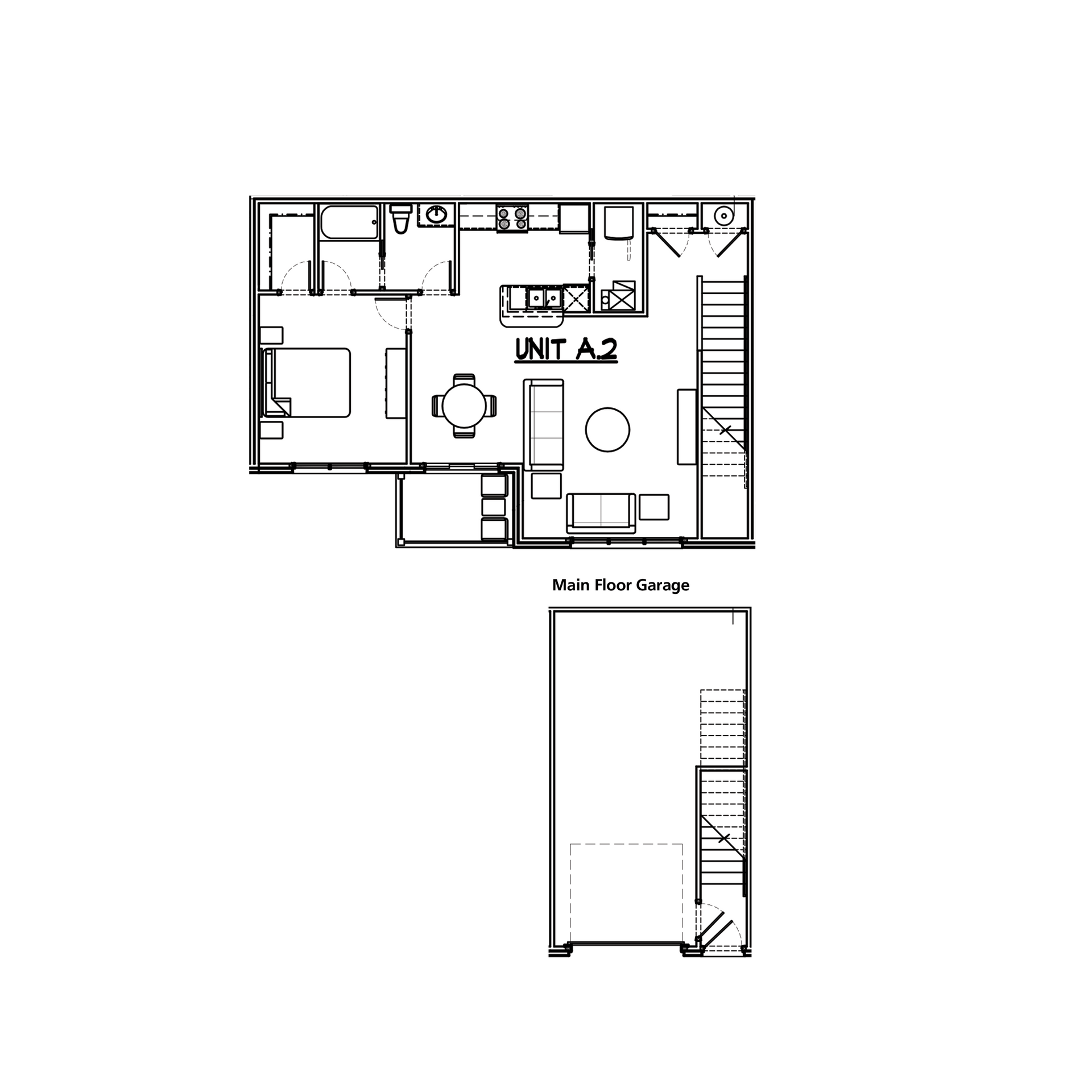 Floor plan of apartment Unit A2 with main floor and garage below.