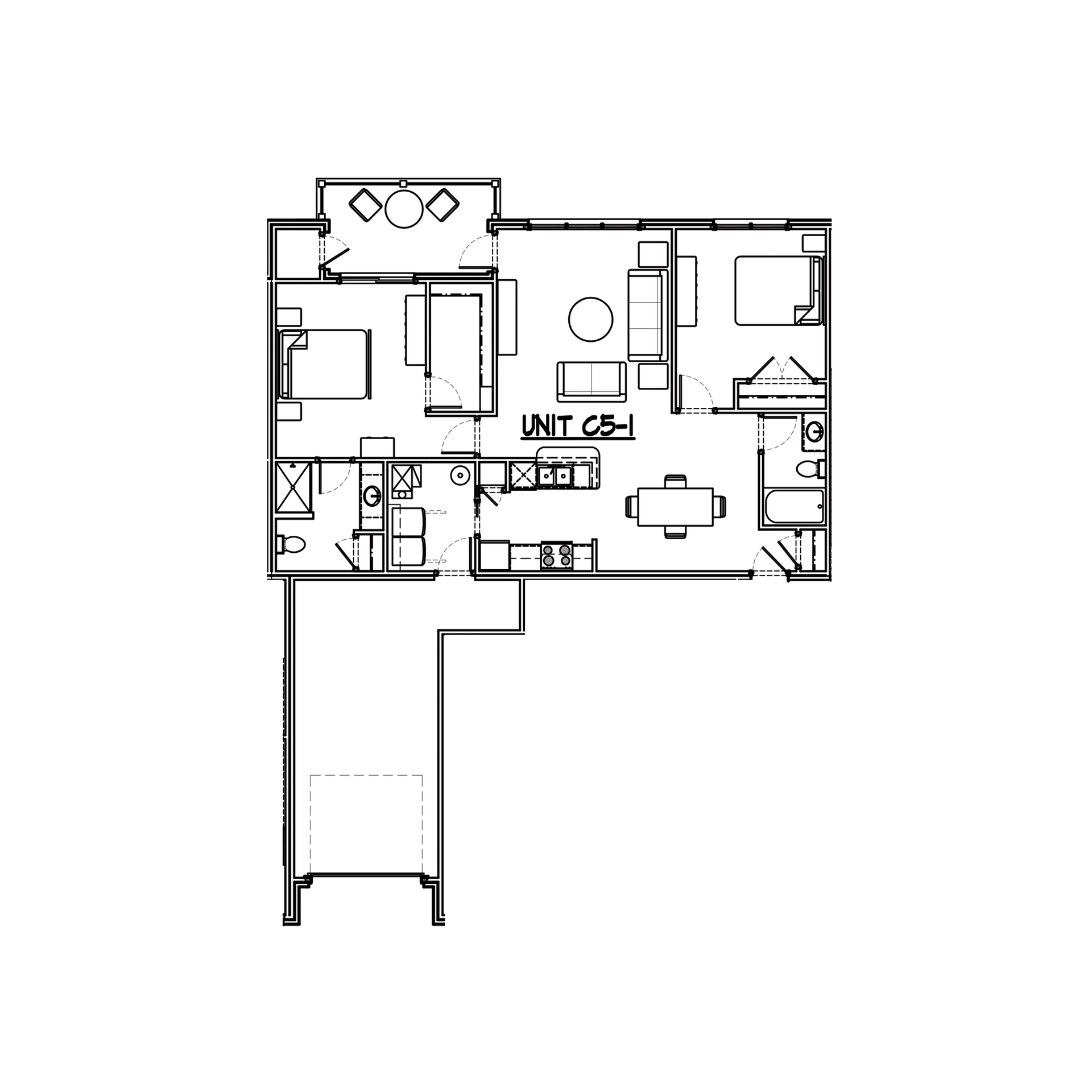 Floor plan of an apartment, showing rooms and furniture layout; includes a patio.
