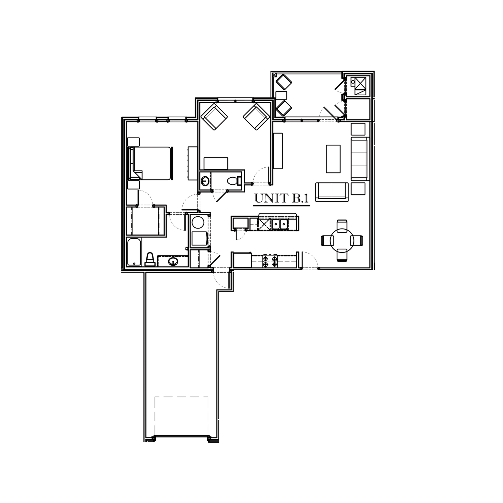 Floor plan of Unit B1 with bedroom, bathroom, kitchen, living area, and garage.