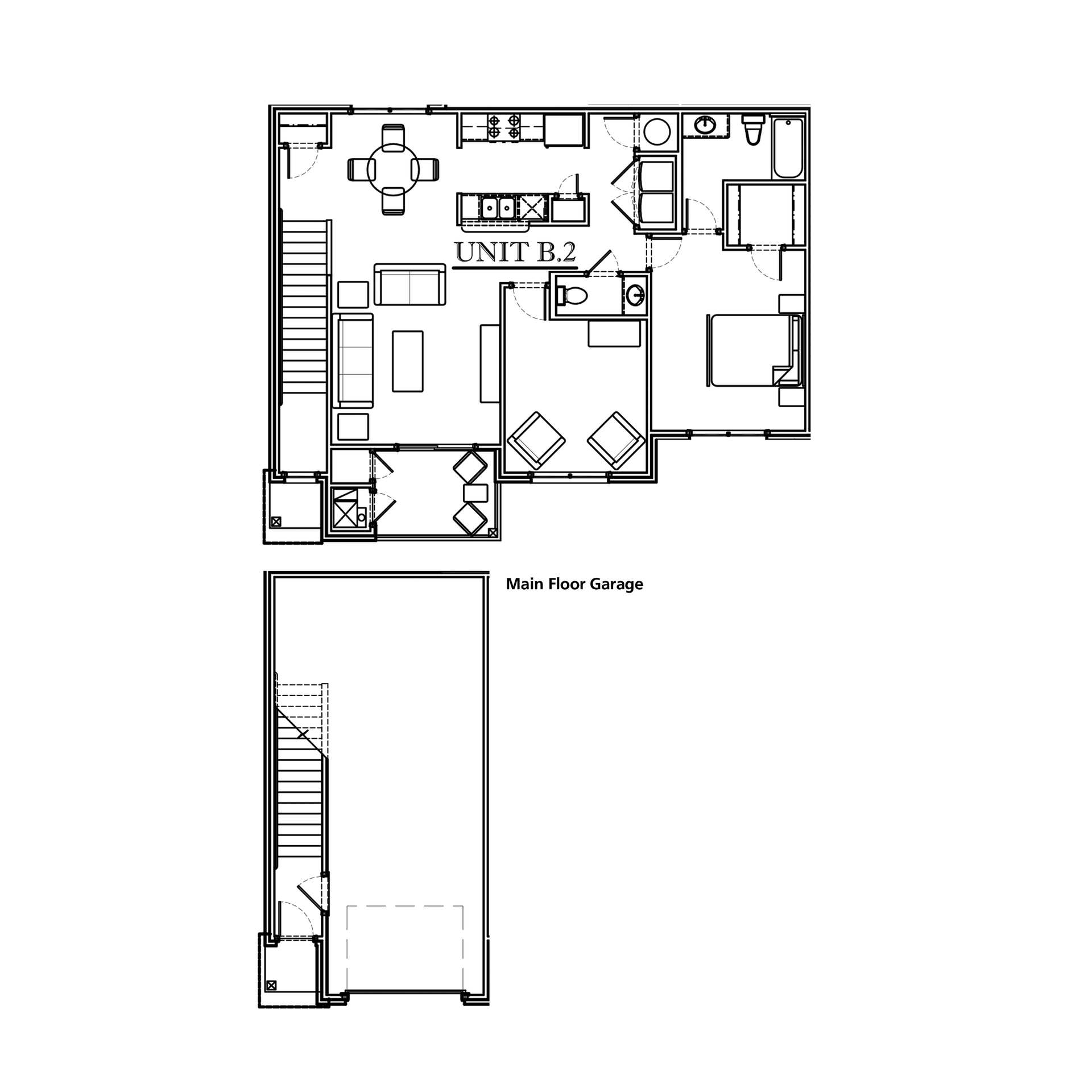 Floor plan of Unit R2, showing the main floor and a lower level with a garage.