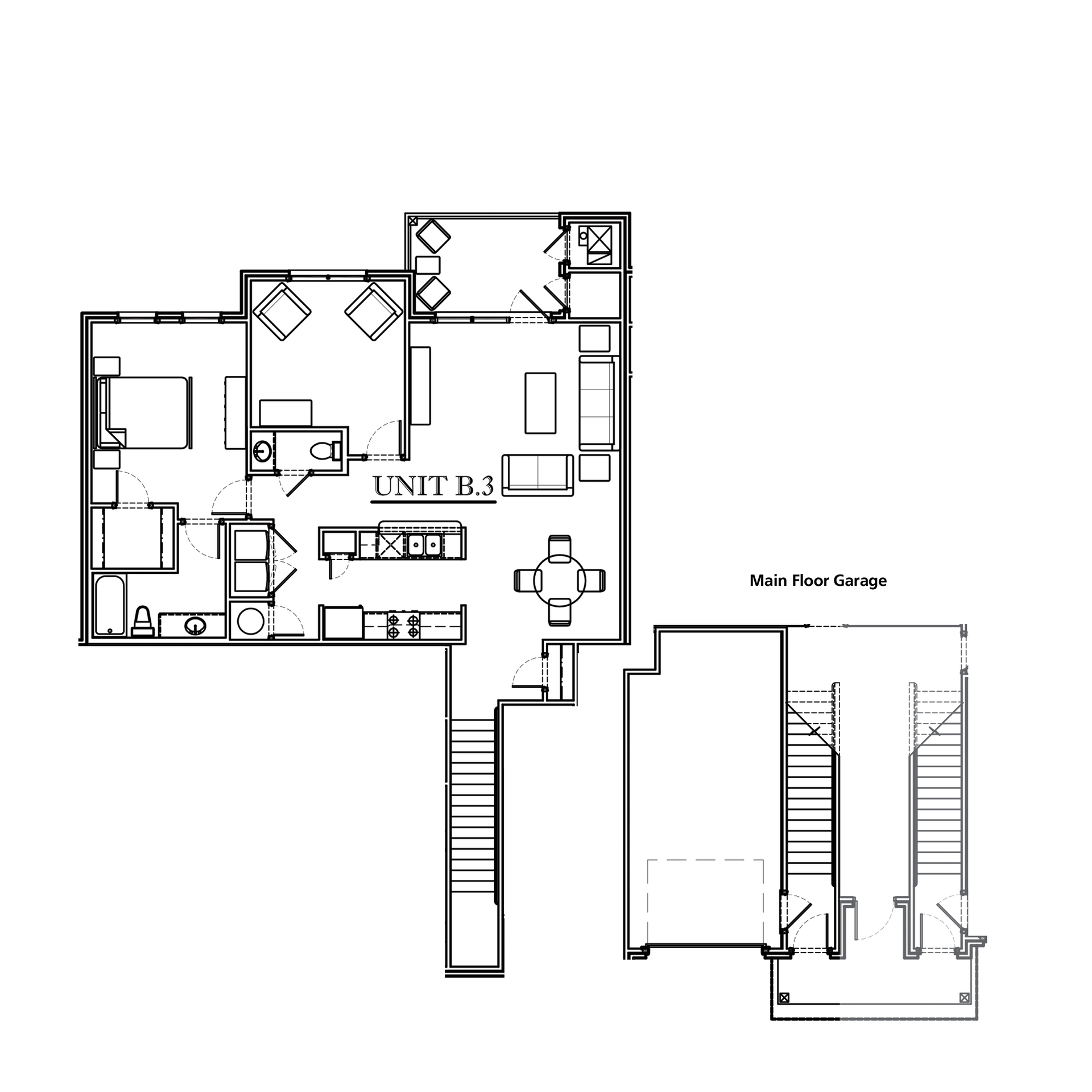 Floor plan showing main floor with kitchen, dining, living areas and bedrooms, also stairs to lower level and garage.