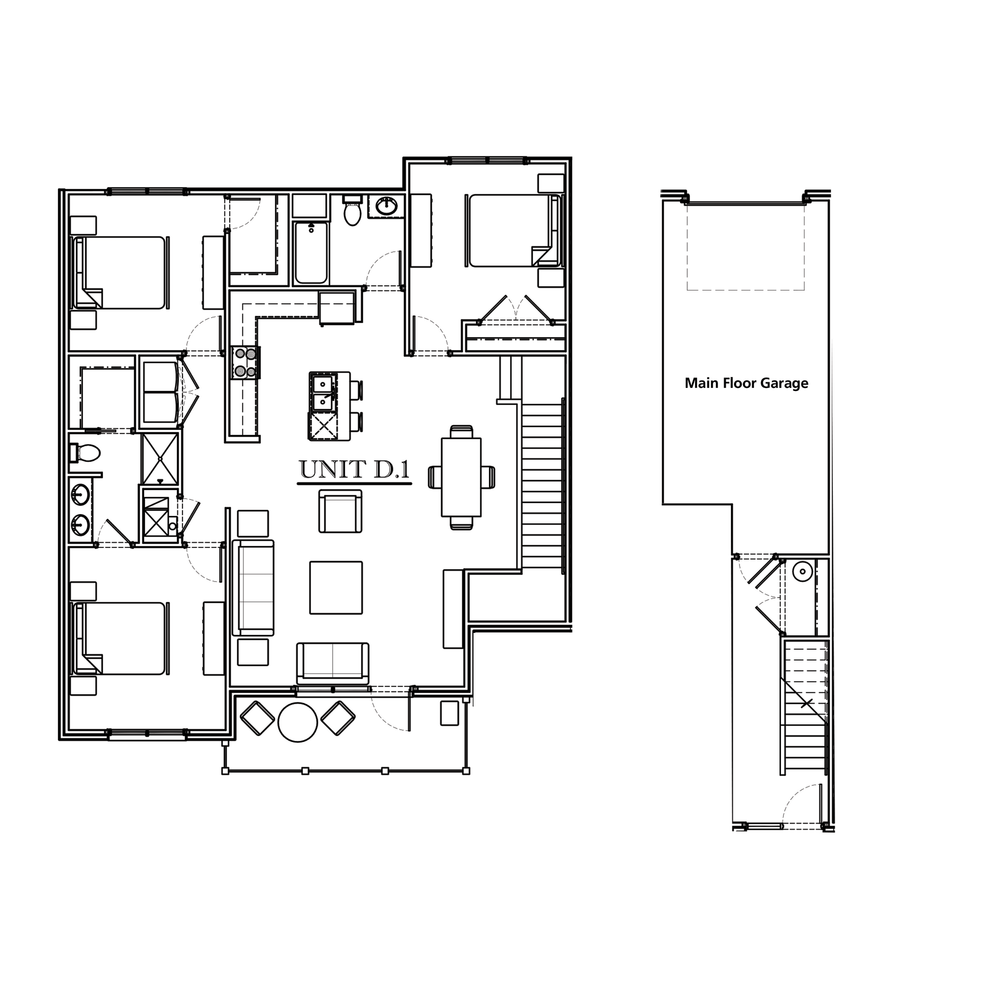 Floor plan of a unit and garage; shows rooms, furniture, stairs, and measurements.