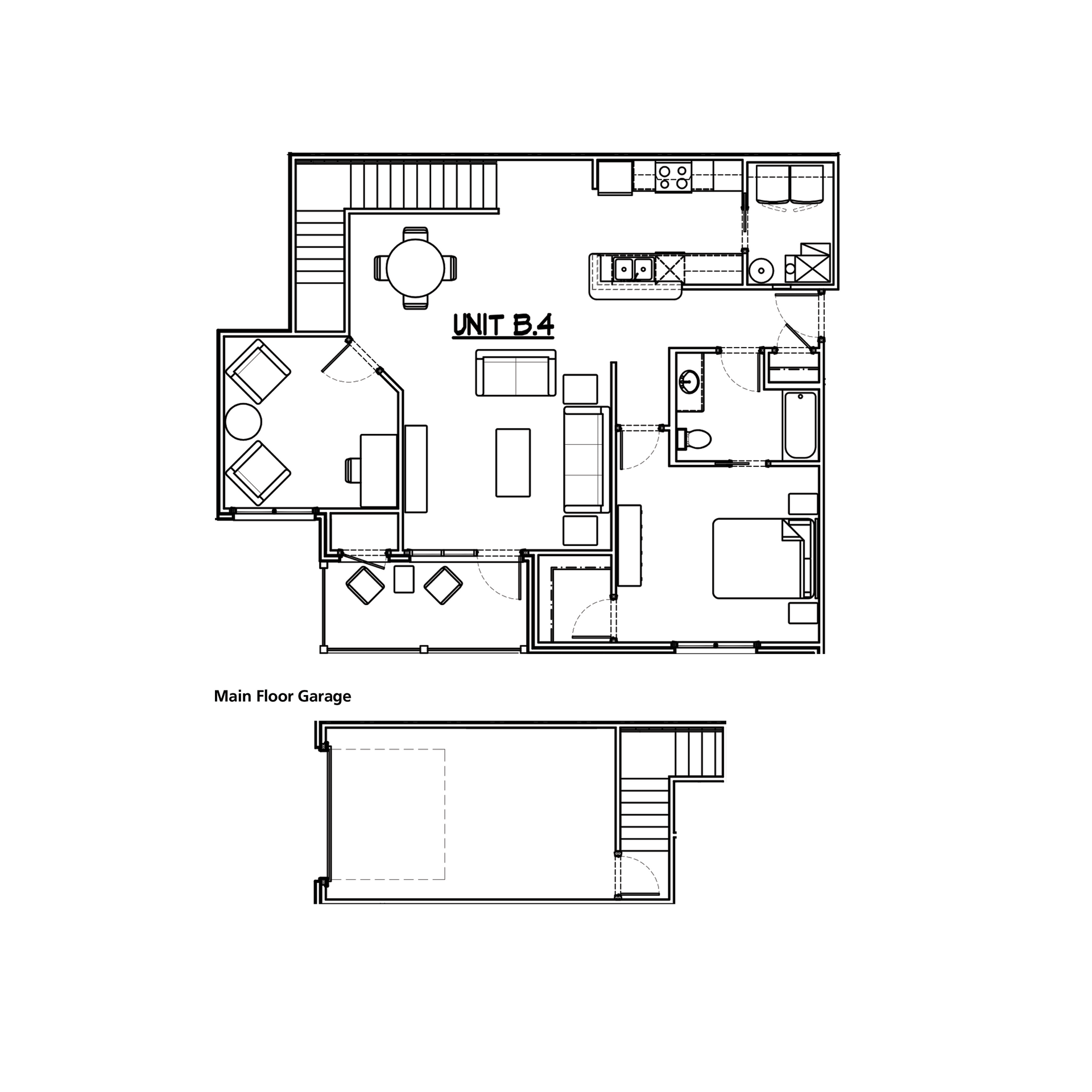 Floor plan of Unit B4, showing a kitchen, dining area, living room, bedroom, bathroom, and garage.