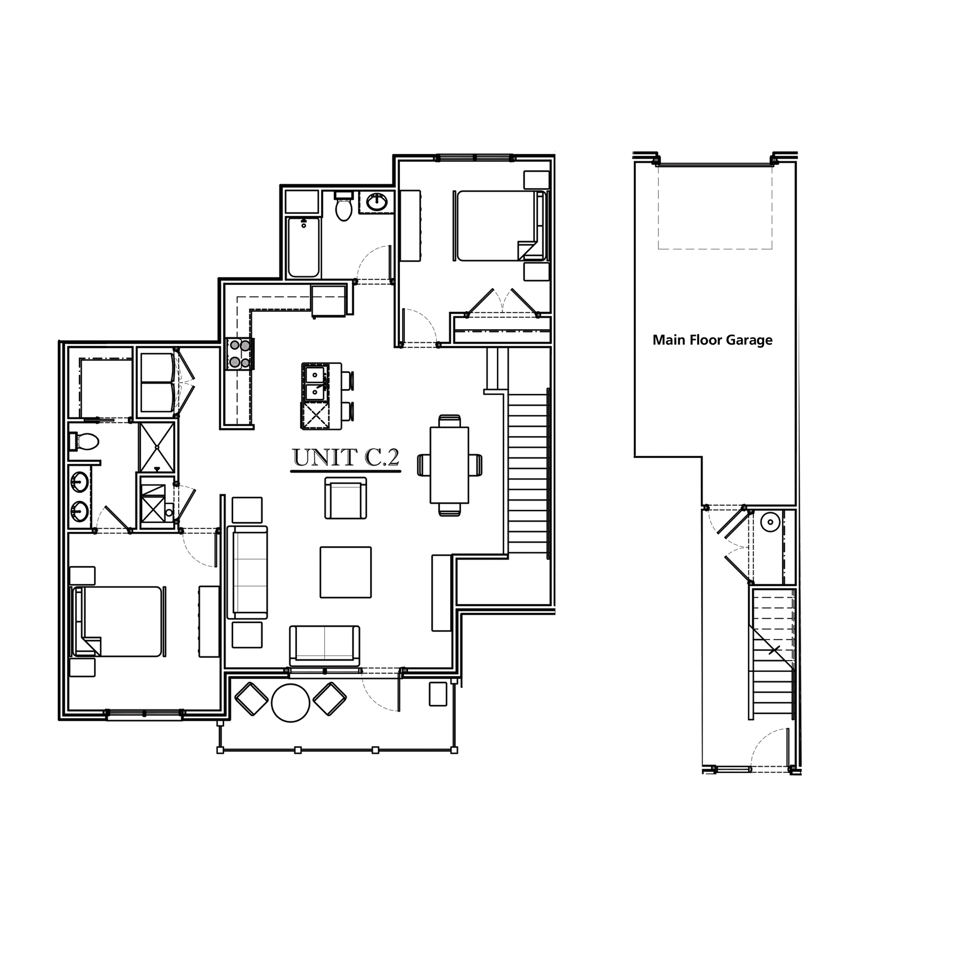 Floor plan of unit C2, showing layout of rooms, including kitchen, living area, bedrooms, and main floor garage.