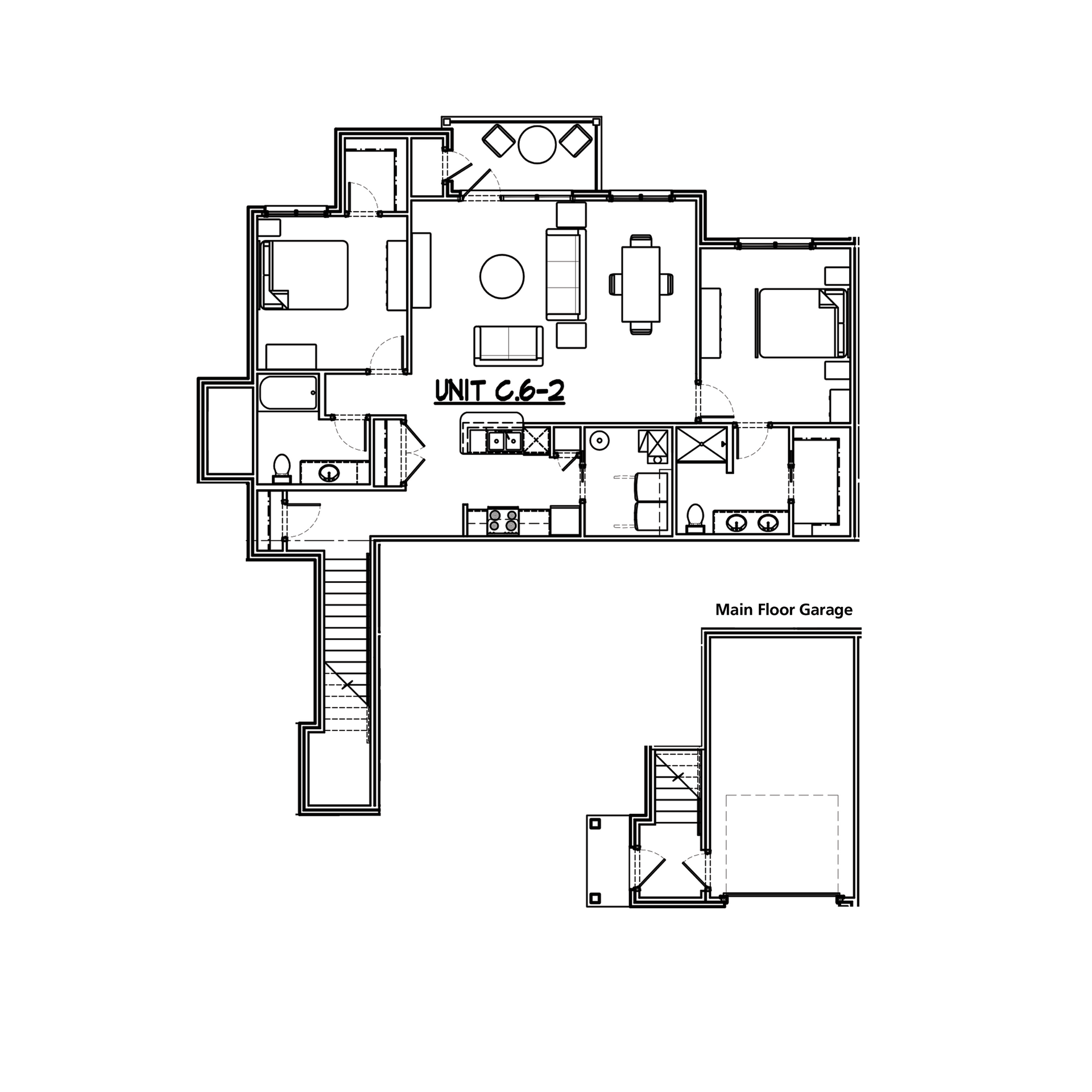 Floor plan of Unit C 6-2 showing rooms and main floor garage.