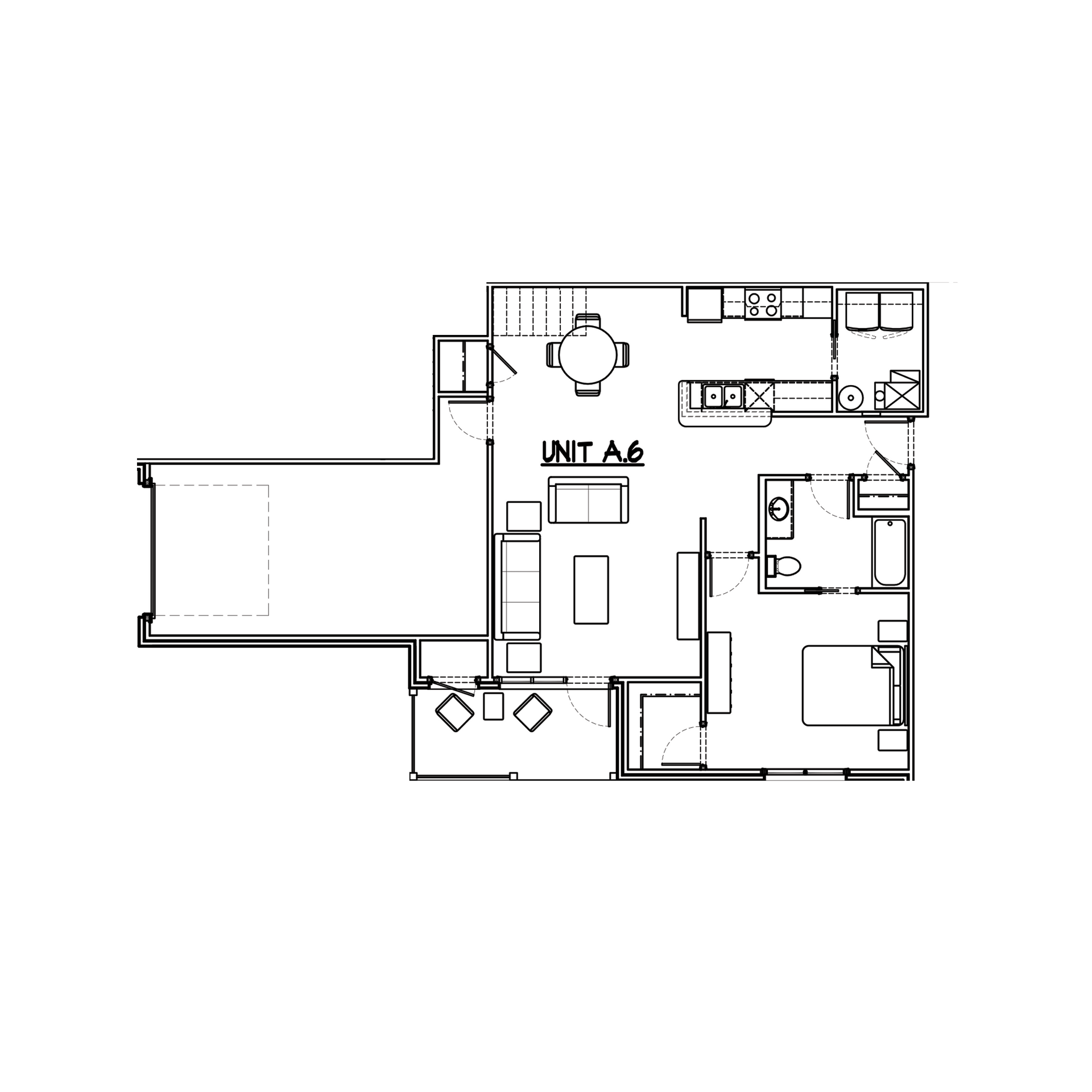 Floor plan of a one-bedroom apartment labeled 