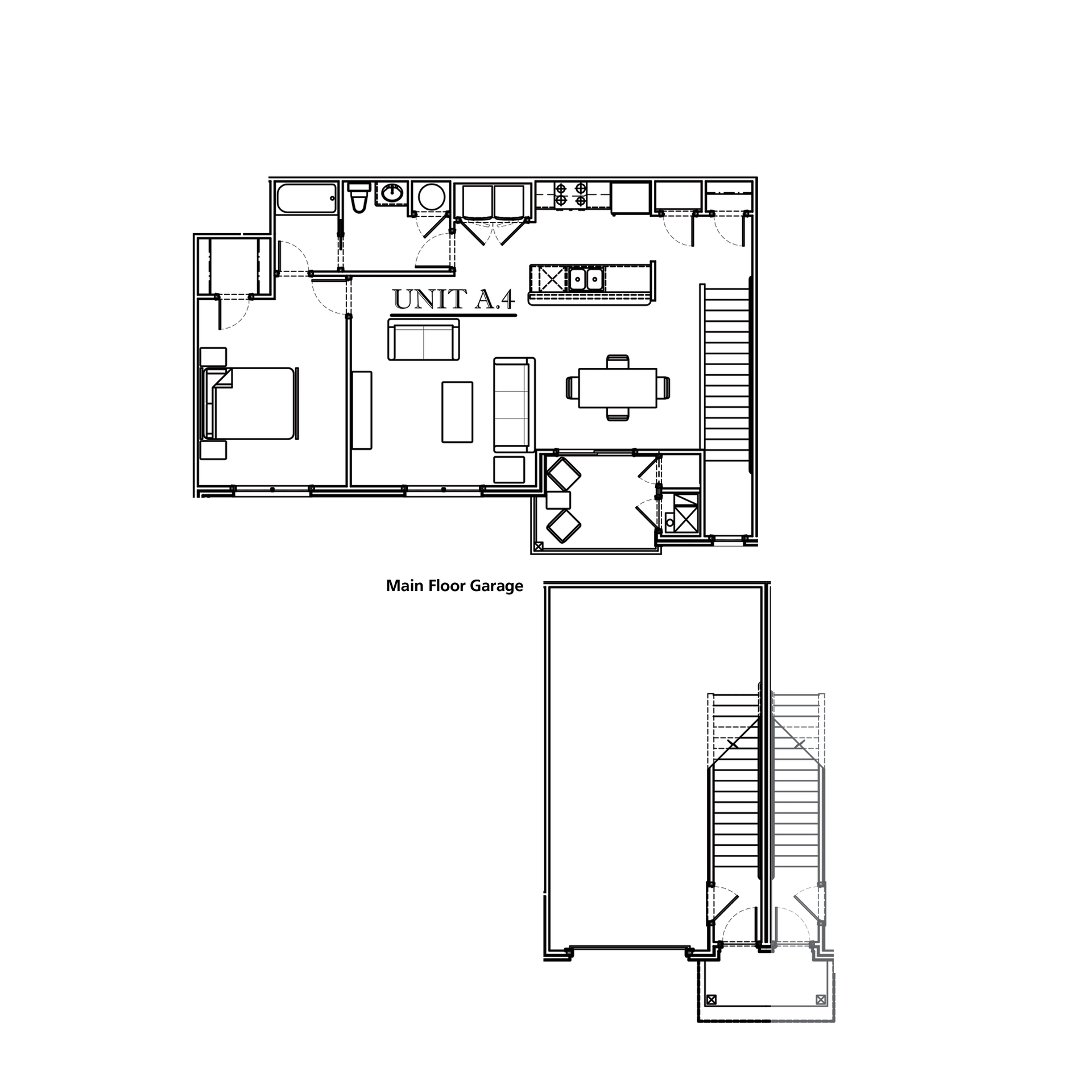 Floor plan of a unit with multiple rooms, including a bedroom, kitchen, living area, and a second-floor layout.