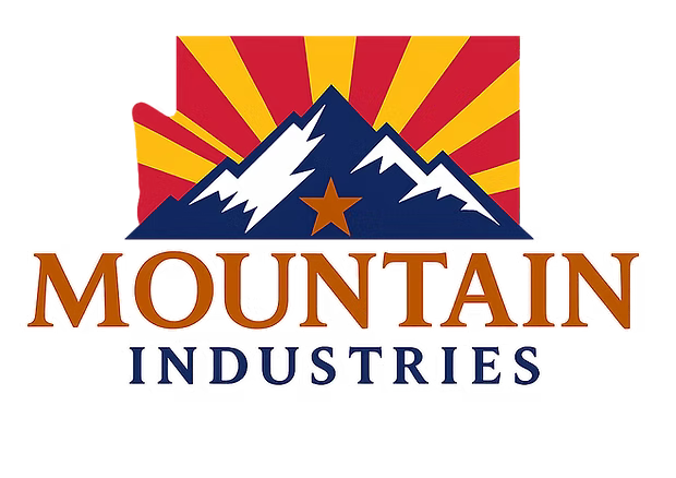 Logo: Blue mountains over brown text