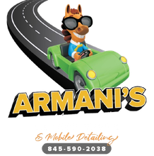 Armani’s Mobile Detailing logo with a dog driving a green car and phone number 845-590-2039