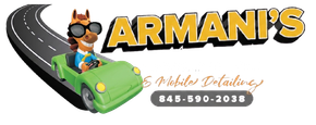 Armani’s Mobile Detailing logo with cartoon dog in a green car and phone number 845-590-2038