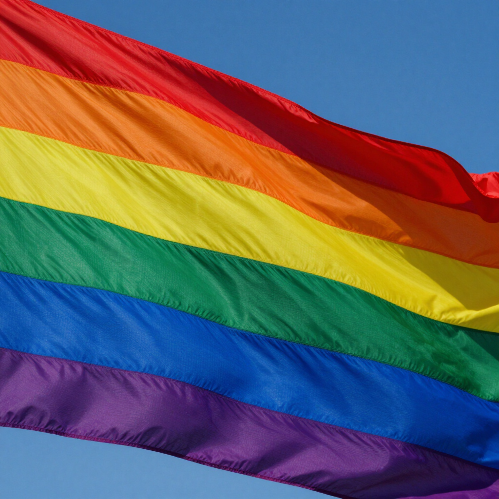 Rainbow pride flag waving against a blue sky