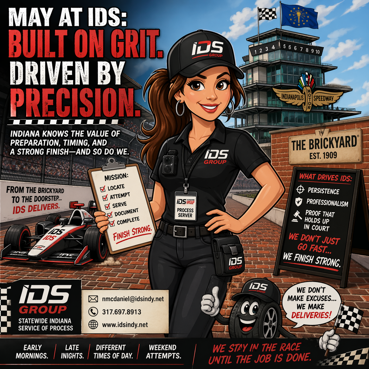 Maya at IDS promo poster with smiling worker, racing car, and bold red slogan on a black-and-orange background