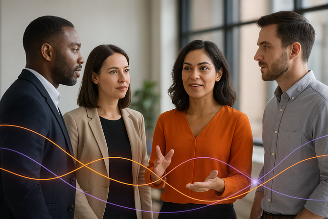 Four people in business attire talking, indoors. Orange and beige tones with energy lines overlay.