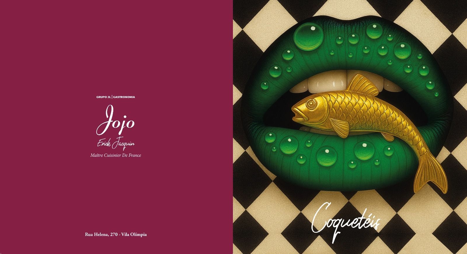 Capa em tons de marrom e preto com um sapo verde cravejado de joias e folha de ouro sobre um fundo com padrão de diamante.