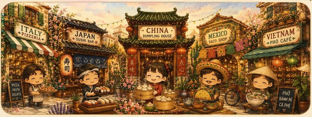 Culture Hop Food Town Collection illustration featuring Japanese sushi, Chinese dim sum, and Mexican tacos