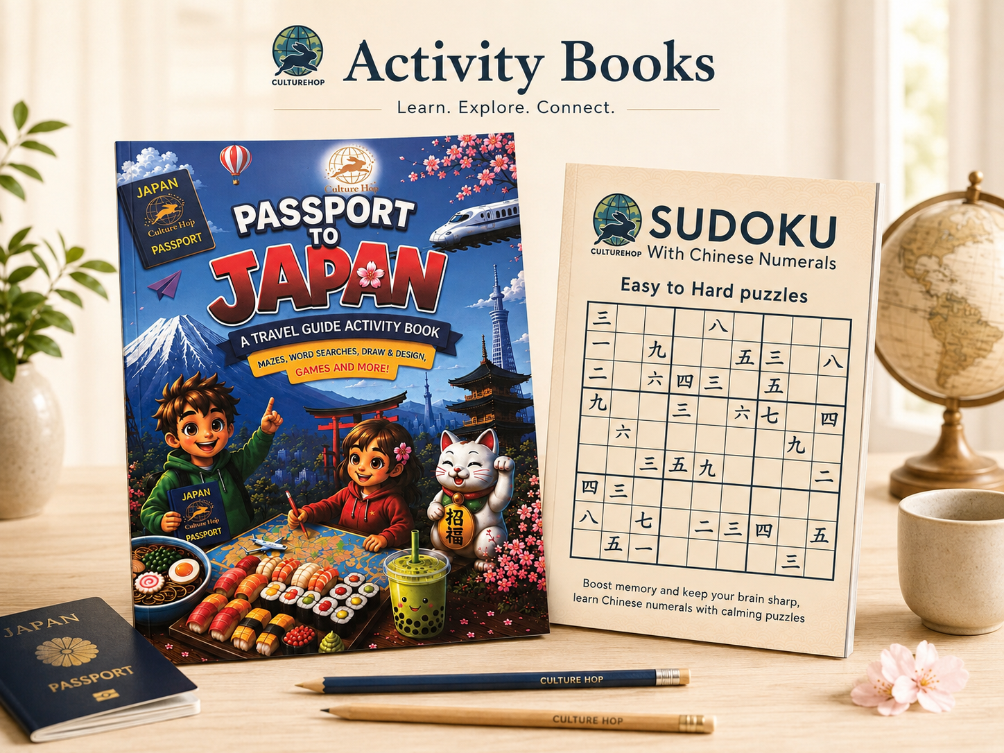 Culture Hop Passport to Japan and Sudoku with Chinese Numerals activity books
