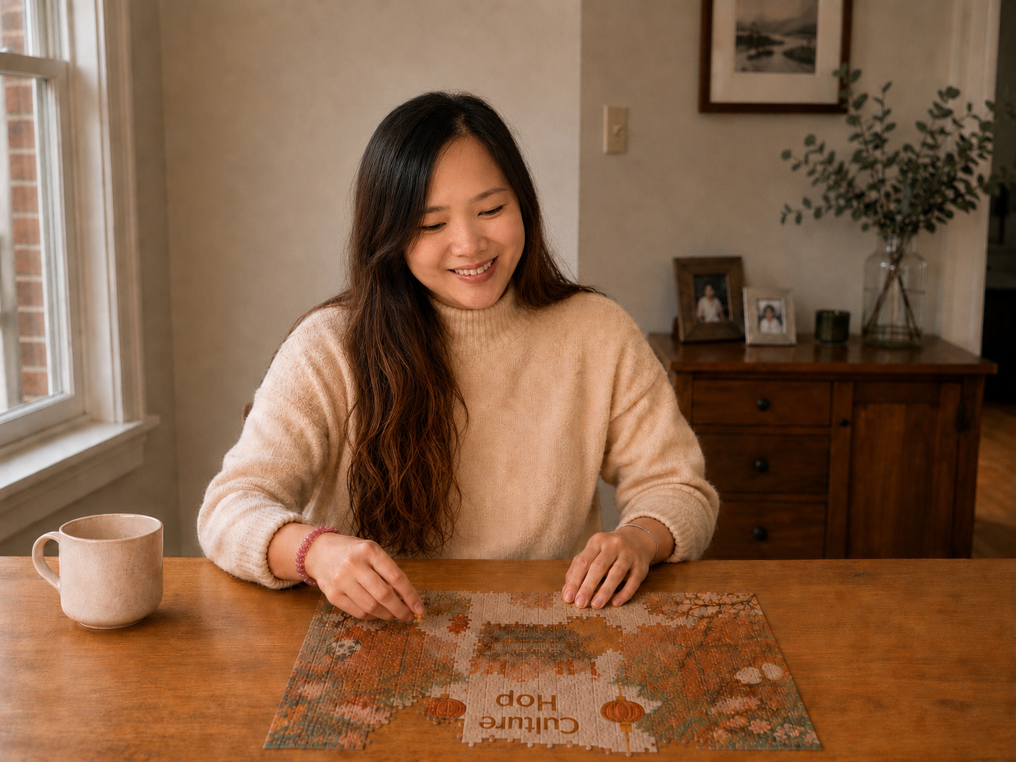 Culture Hop founder assembling a Culture Hop puzzle at home