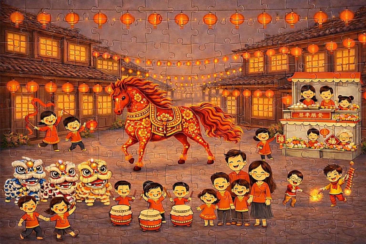 Completed Lunar New Year puzzle with glowing lanterns, lions,  horse, & families celebrating in a traditional village scene