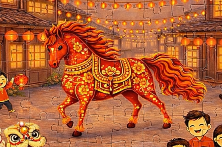 Completed Lunar New Year puzzle with glowing lanterns, lions,  horse, & families celebrating in a traditional village scene