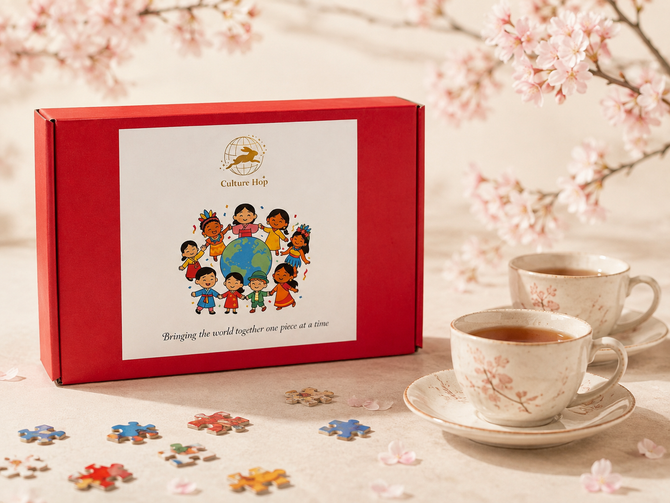 Culture Hop Celebration Collection puzzle box displayed with two teacups and cherry blossoms