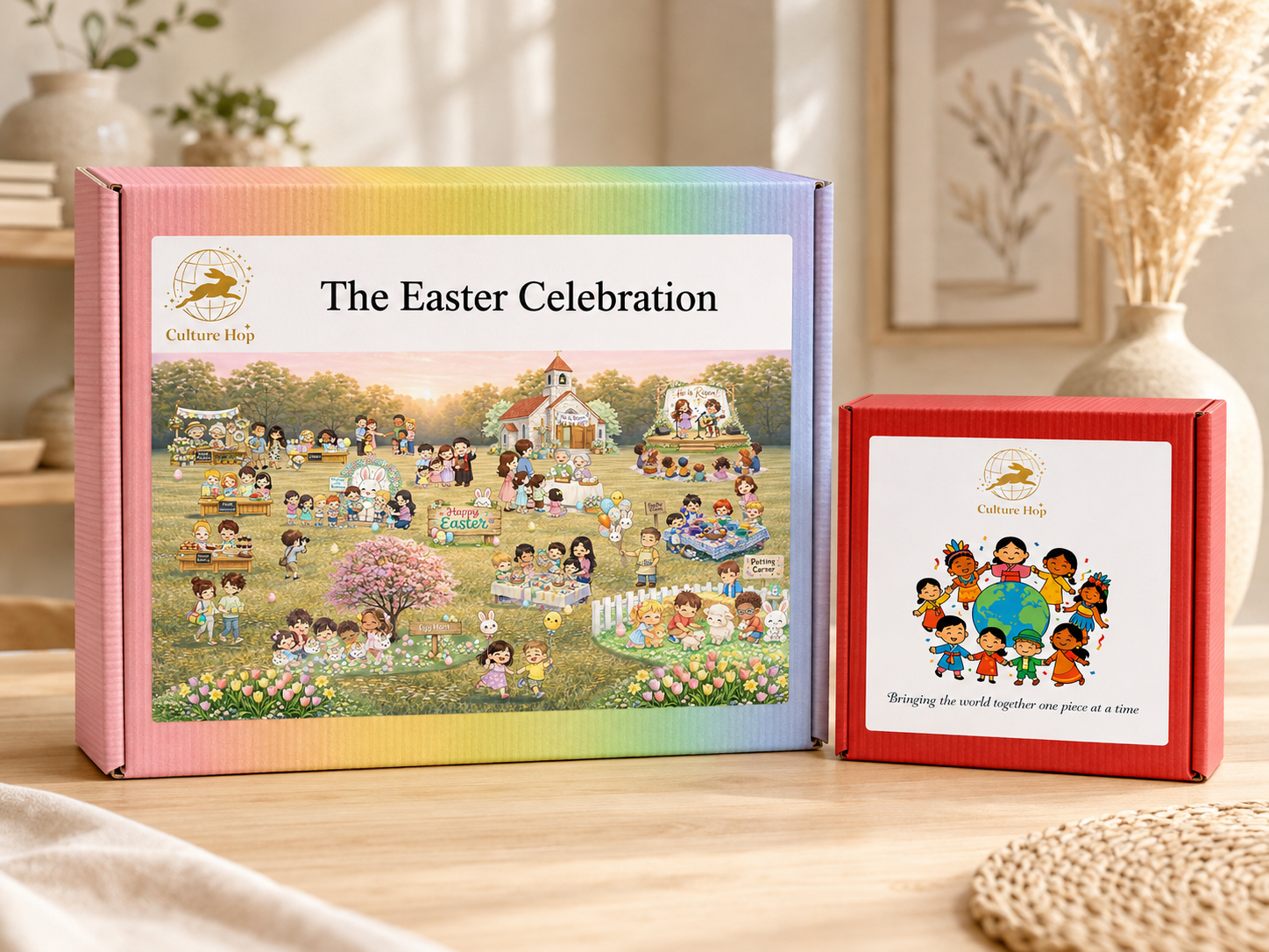 Culture Hop Easter Celebration puzzle box displayed with a framed illustration of children from around the world