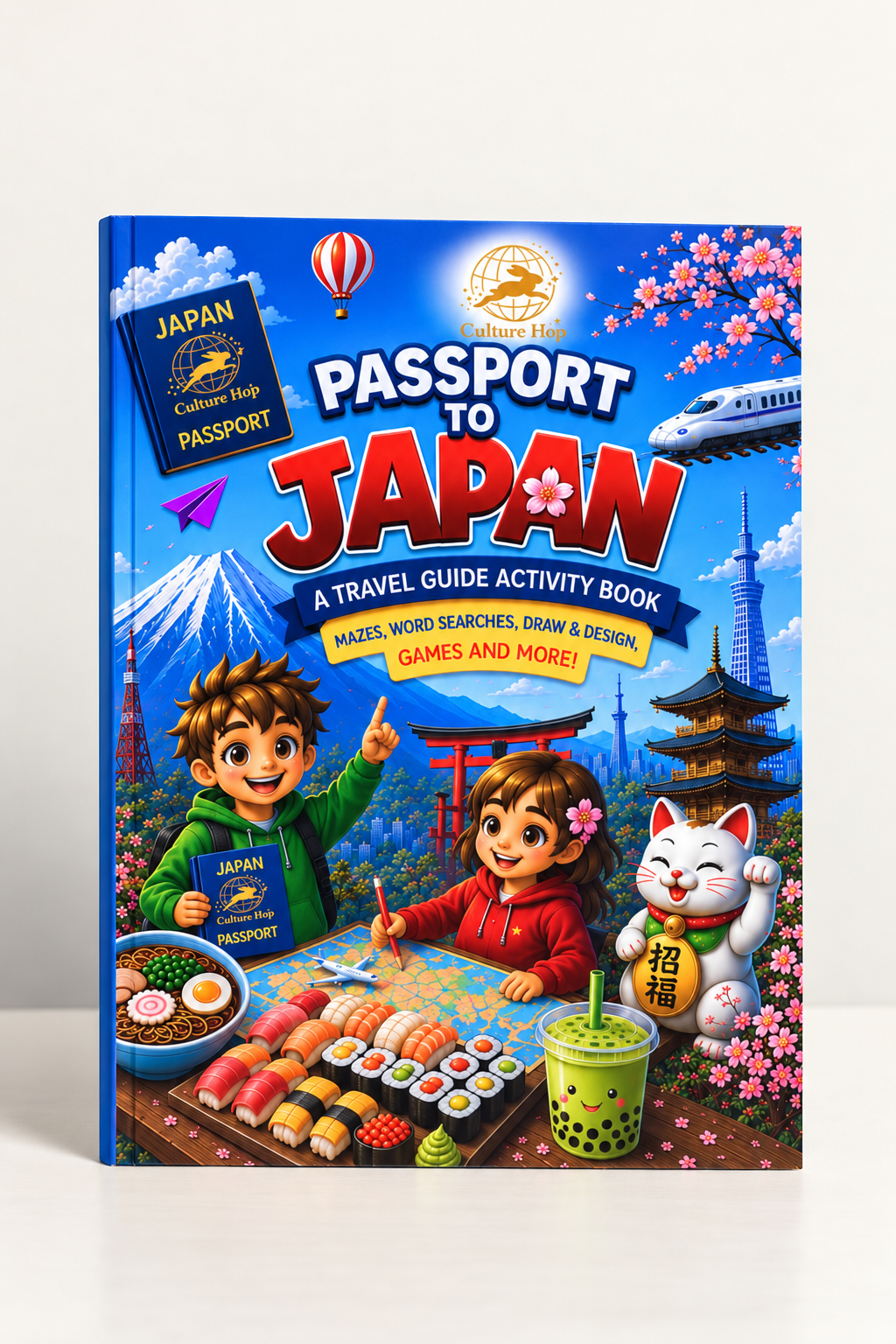 Culture Hop Passport to Japan activity book cover featuring cherry blossoms, a Japanese bullet train, hot air balloon, 2 kids