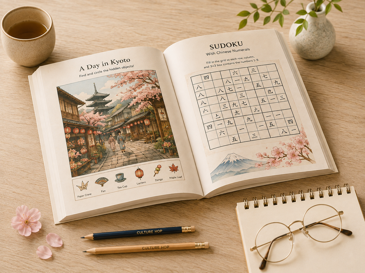 Open Culture Hop activity book featuring a Kyoto cultural activity and Chinese numeral Sudoku puzzle

