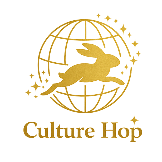 Culture Hop logo featuring a gold rabbit leaping across a globe