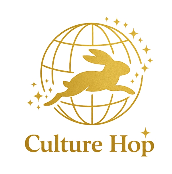 Culture Hop logo featuring a gold rabbit leaping across a globe