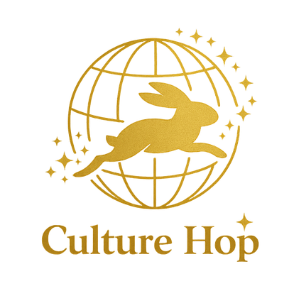 Culture Hop logo featuring a gold rabbit leaping across a globe