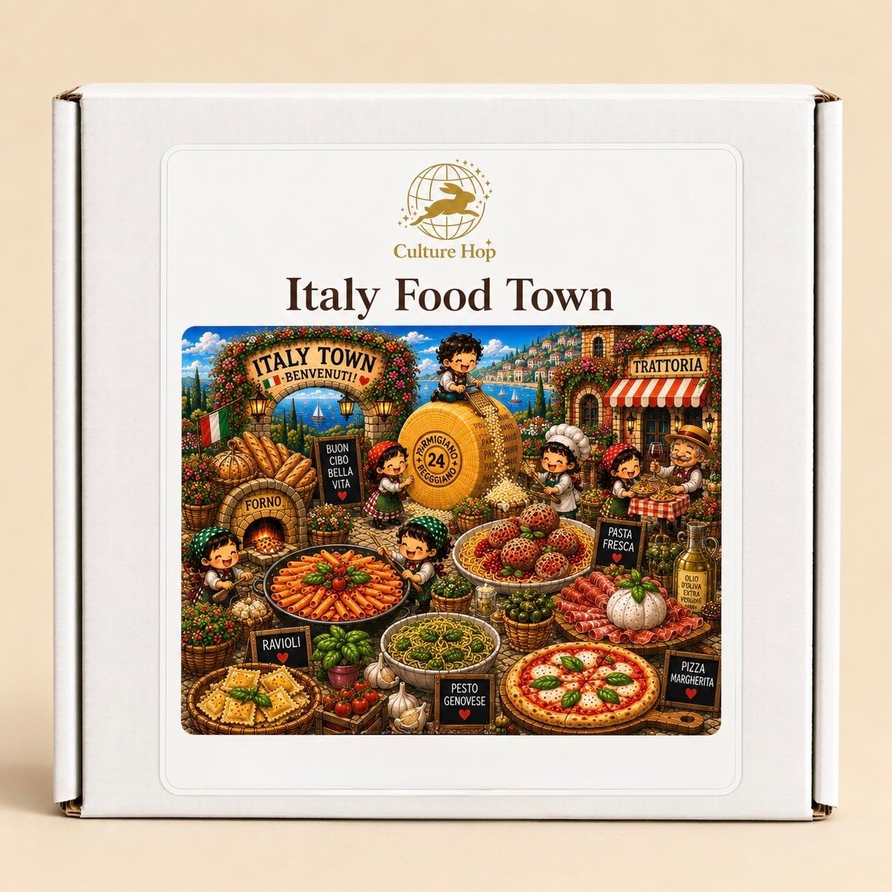 Culture Hop Italy Food Town 150-piece puzzle in white packaging featuring an illustrated Italian food village scene