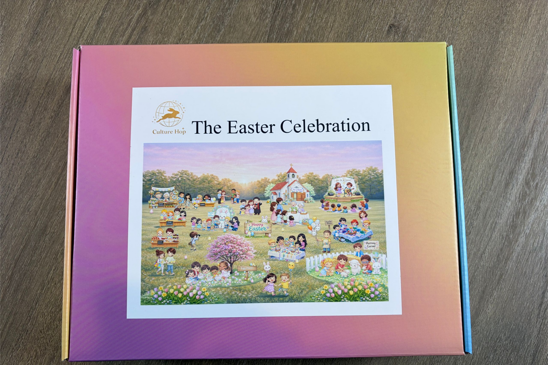 Easter Celebration 150-piece puzzle box featuring colorful gradient packaging and Easter festival artwork